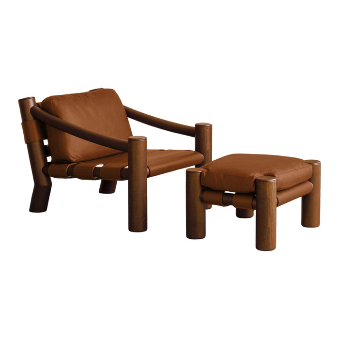 Stylish brown leather armchair and ottoman set with wooden accents, showcasing a modern, minimalist design.
