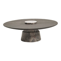 Stylish round black marble coffee table with a white marble centerpiece, featuring a sleek, modern design.