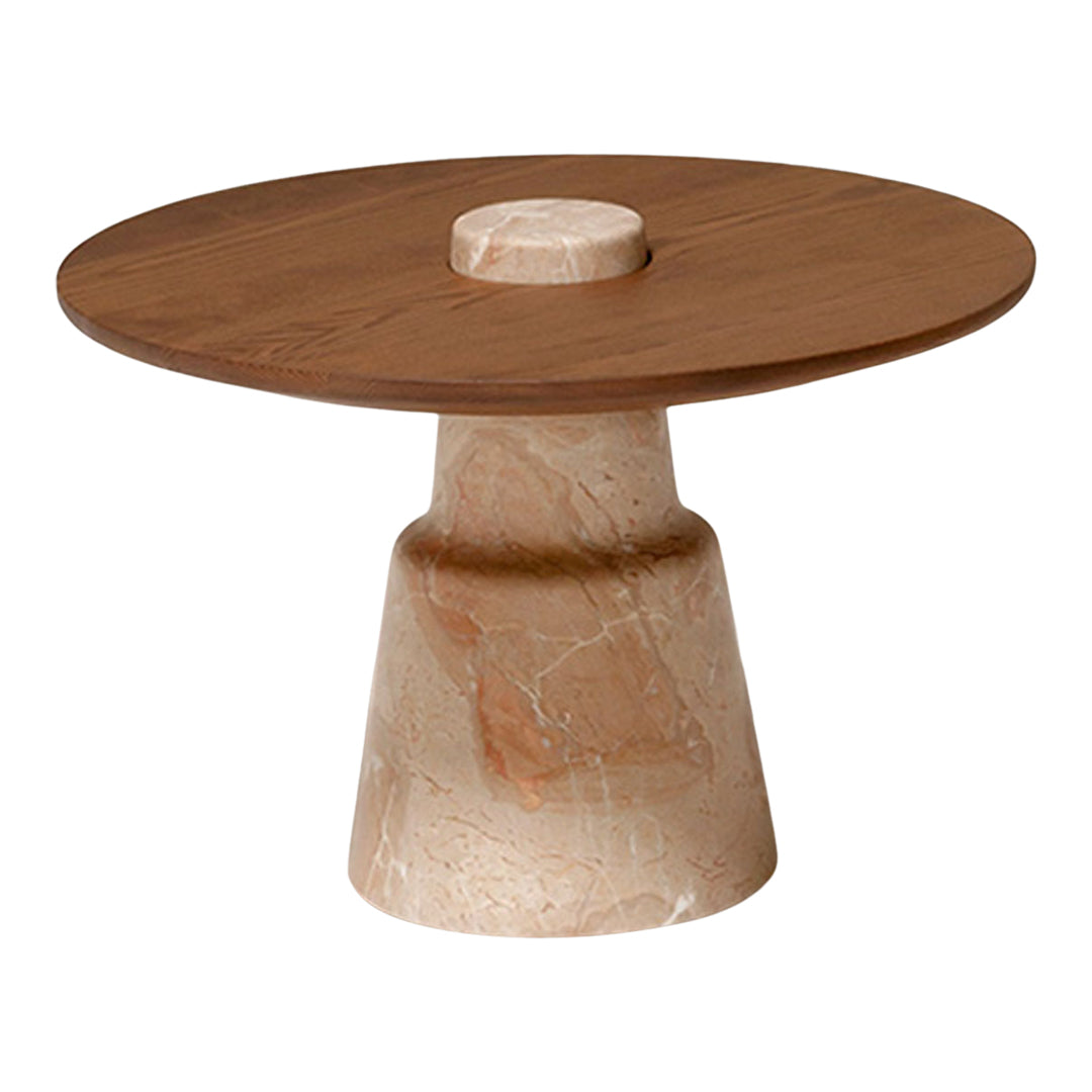 Round wooden top with a natural finish, paired with a cream marble base featuring soft pink veining. Modern design.