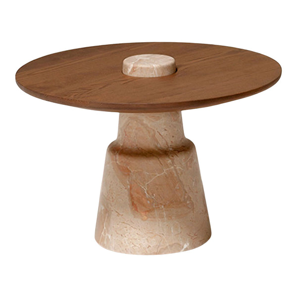 Round wooden top with a natural finish, paired with a cream marble base featuring soft pink veining. Modern design.