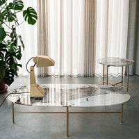 Elegant oval coffee table with a marble top featuring earthy tones and gold accents, set against neutral curtains.