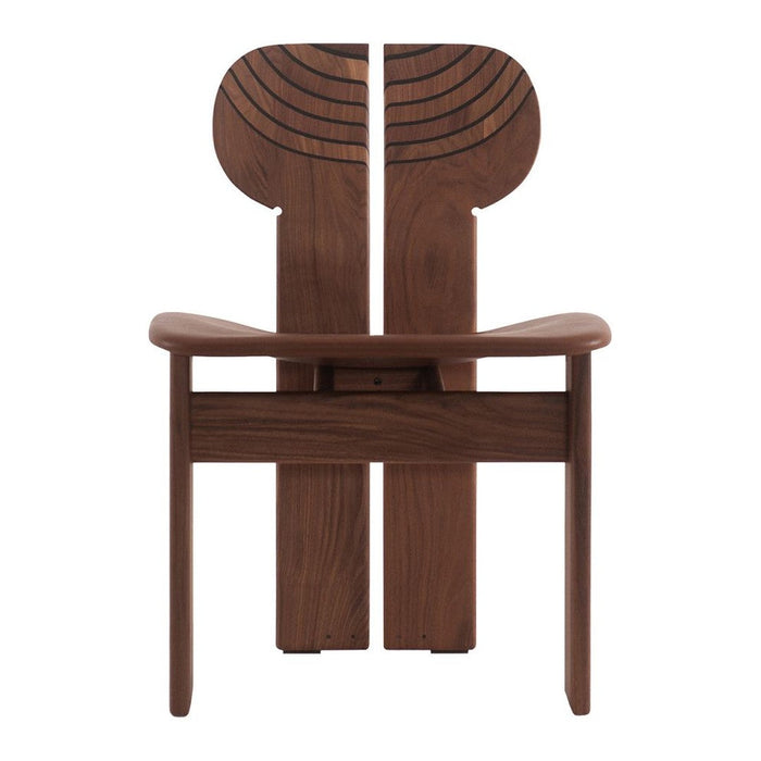 Walnut wood chair featuring a rich brown tone with unique curved patterns on the backrest. Stylish and modern design.