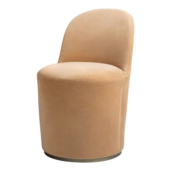 Tan velvet chair with a smooth, curved design, featuring a sleek, minimalist style and subtle shine.