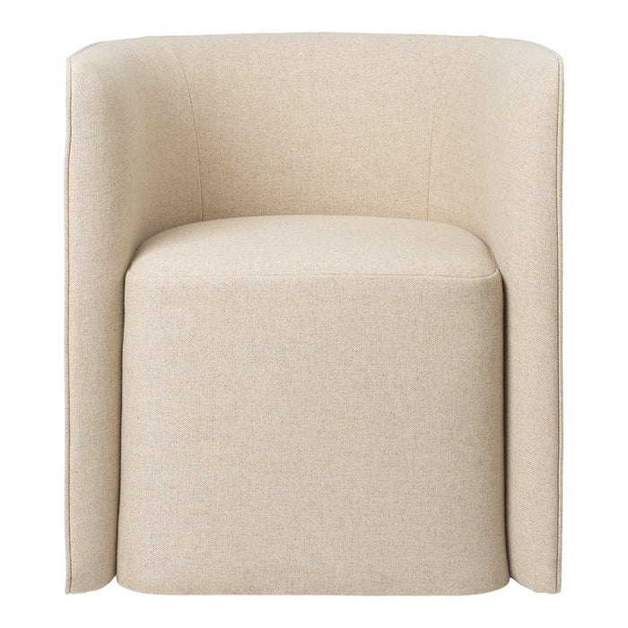 Beige upholstered accent chair with a minimalist design and soft, textured fabric. Perfect for modern decor.