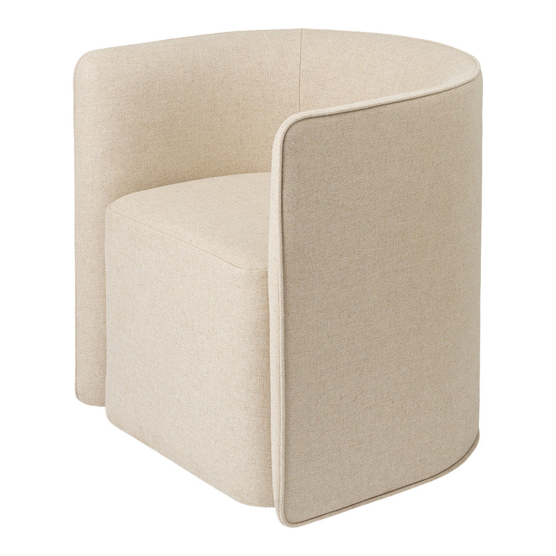 Beige upholstered accent chair with a smooth, minimalist design and soft, rounded edges. Ideal for modern decor.