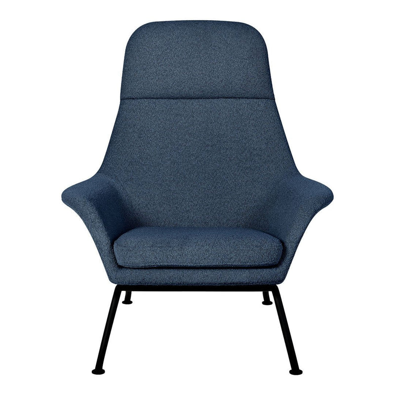 Blue upholstered chair with a smooth texture and minimalist design. Elegant black metal legs for modern styling.