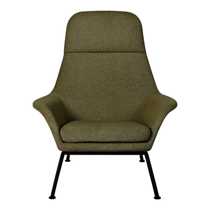 Olive green upholstered chair with a textured fabric, featuring sleek black metal legs. Modern and stylish design.