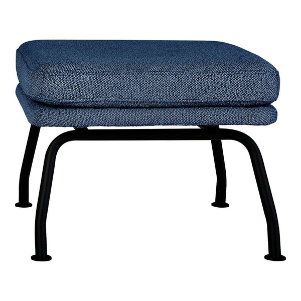 Navy blue upholstered ottoman with a textured pattern and sleek black metal legs. Modern and stylish accent piece.