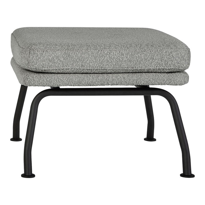 Gray upholstered ottoman with a subtle textured pattern and sleek black metal legs. Perfect for modern decor.