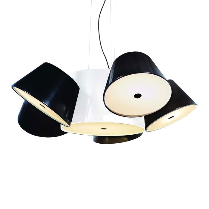 Modern hanging lamp featuring alternating black and white shades with smooth, glossy finishes. Stylish geometric design.