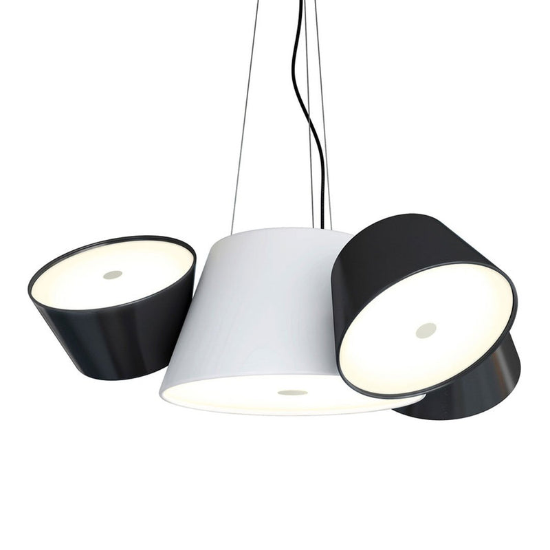 Modern hanging lamp with sleek black and white design, featuring two black shades and one white shade for a stylish look.