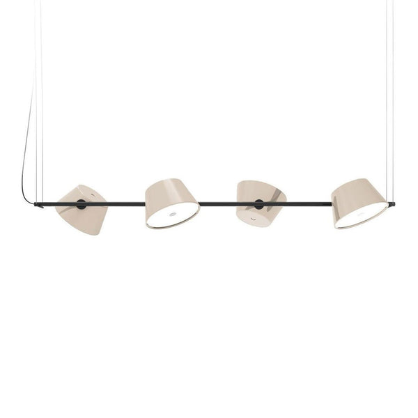 Sleek black bar pendant light with four beige cone-shaped shades, offering a minimalist and modern design.