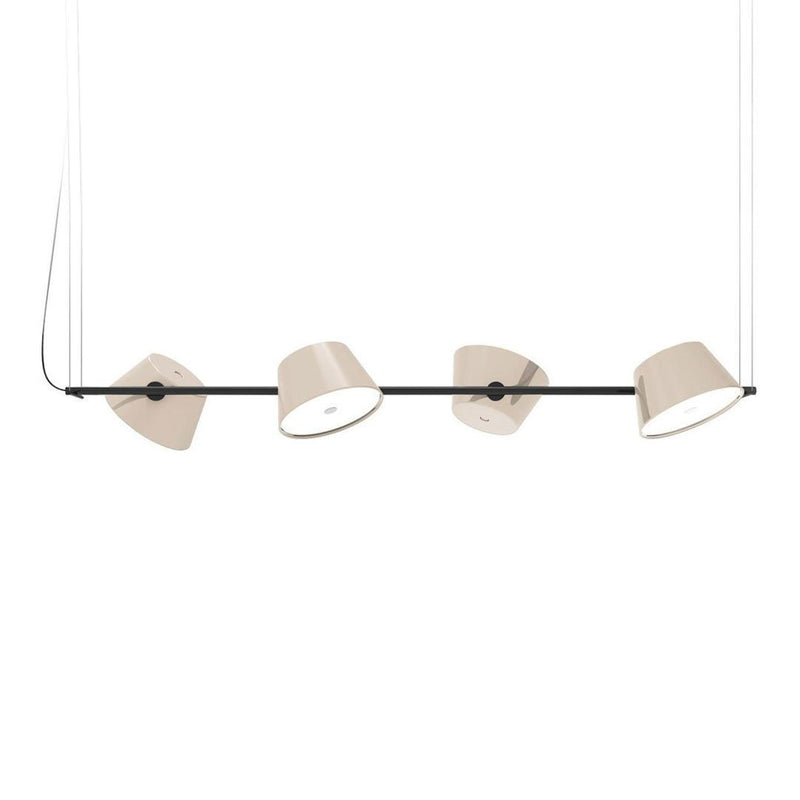 Sleek black bar pendant light with four beige cone-shaped shades, offering a minimalist and modern design.