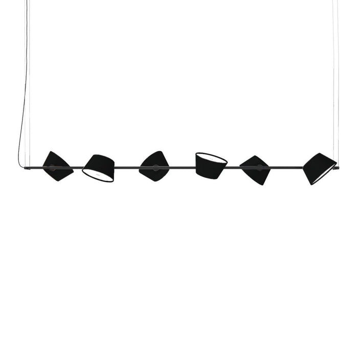 Modern black pendant lights on a sleek wire; geometric shapes create a minimalist design against a white background.