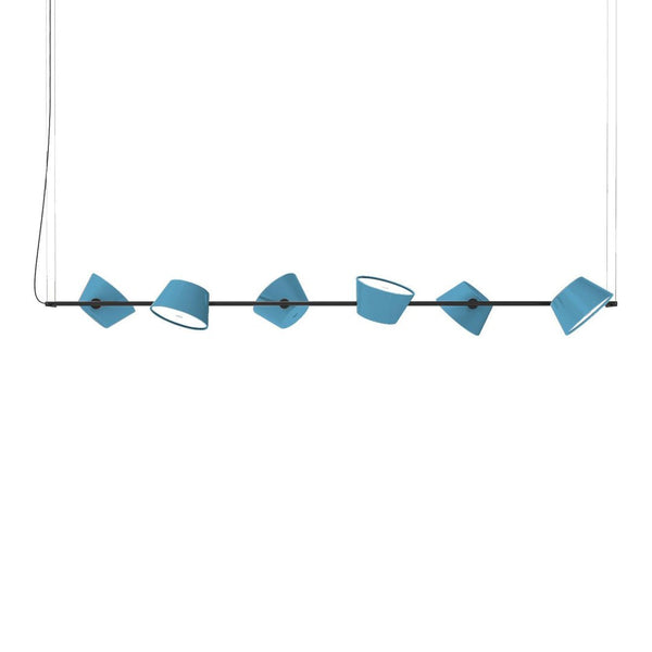 Suspended light fixture with six geometric shades in vibrant blue against a minimalist white background.