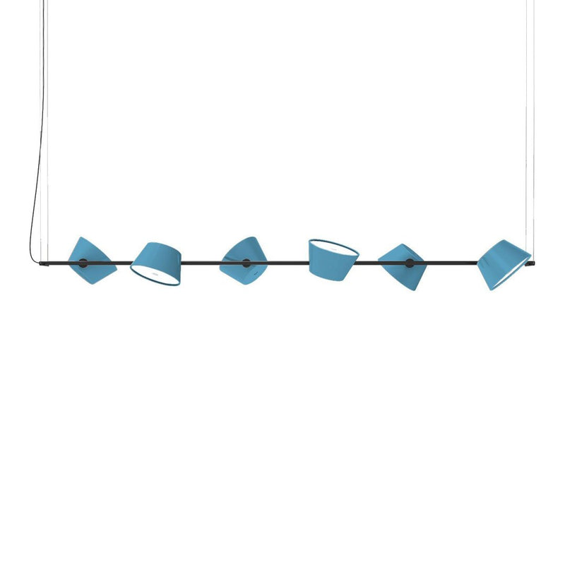 Suspended light fixture with six geometric shades in vibrant blue against a minimalist white background.
