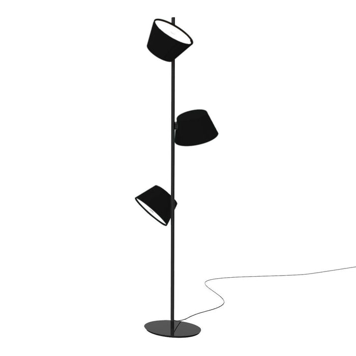 Black modern floor lamp with three cylindrical shades, minimalistic design and sleek black stand. Perfect for any decor.