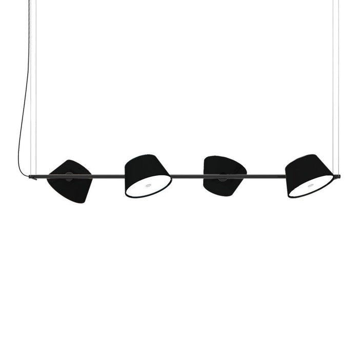 Four sleek black pendant shades with a minimalist design on a simple black rod against a white background.