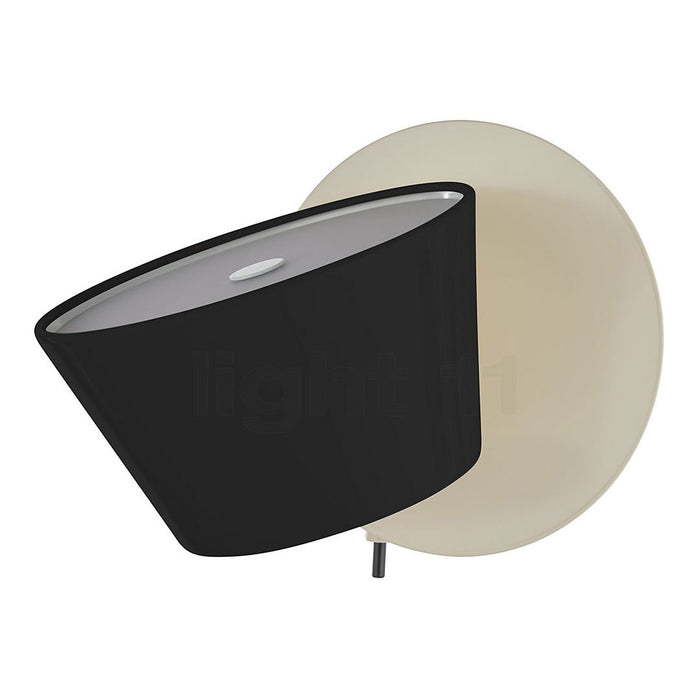 Modern black cone lampshade on a circular cream base, featuring a sleek, minimalist design.