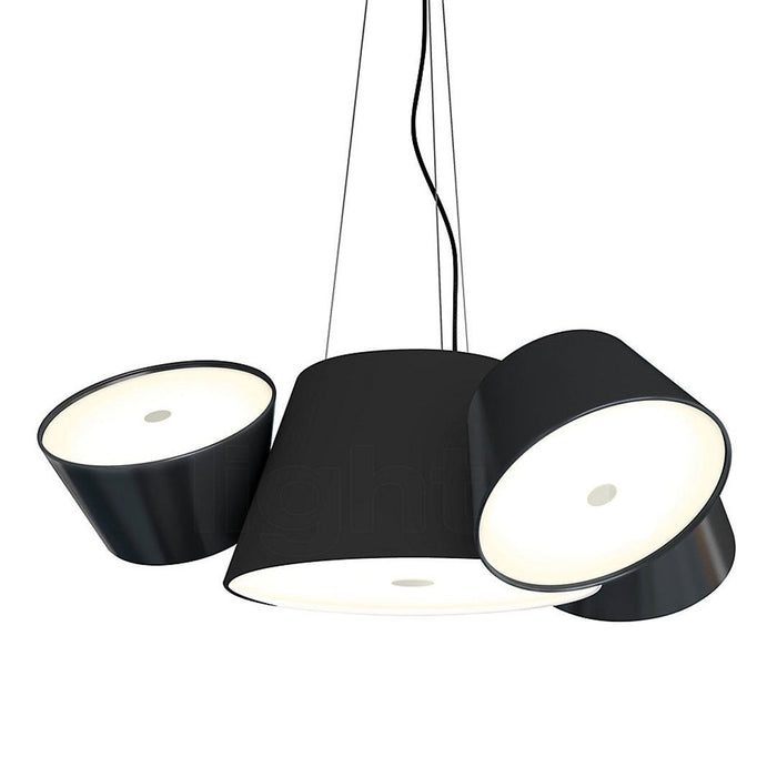 Modern black pendant light with sleek curved shades and white inner surfaces, perfect for contemporary decor.