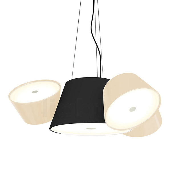 Modern pendant light featuring black and cream shades with a sleek, minimalist design and warm white illumination.