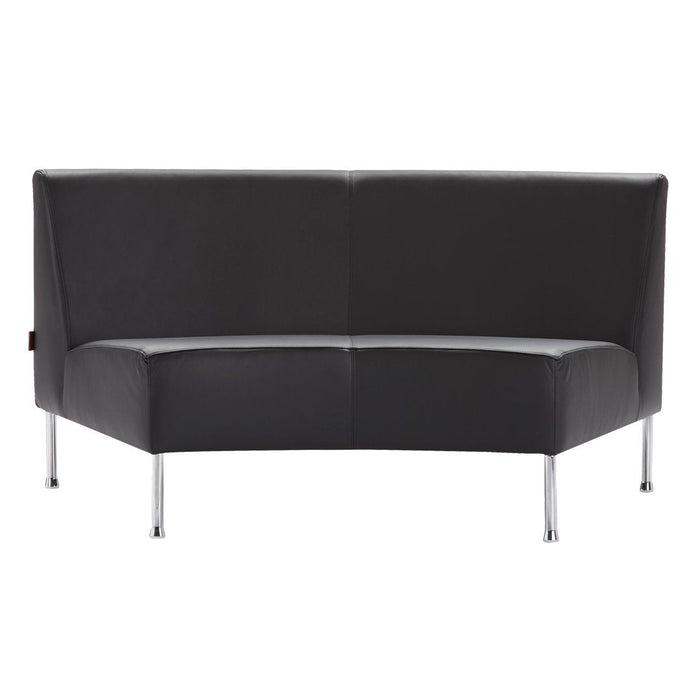 Black curved sofa with sleek lines and chrome legs, featuring a minimalist design and smooth texture.
