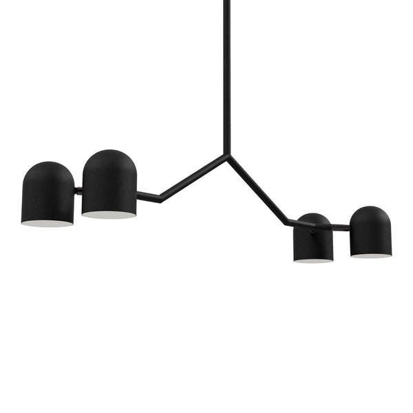 Modern black pendant light with sleek, cylindrical shades and minimalistic geometric design. Perfect for contemporary decor.