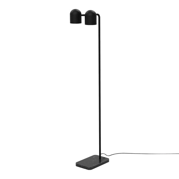 Sleek black floor lamp with a minimalist design, featuring two round shades and a square base.