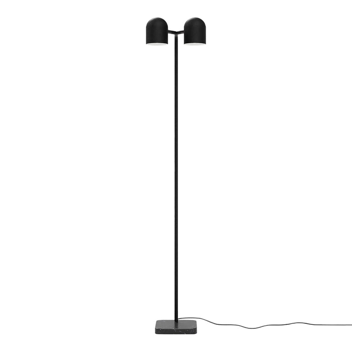 Black floor lamp with two shades on a sleek, thin stand, featuring a minimalist design and square gray base.