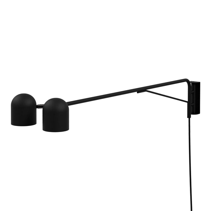 Black wall lamp with a sleek, minimalist design featuring two dome shades and a long, angular arm. Perfect for modern decor.