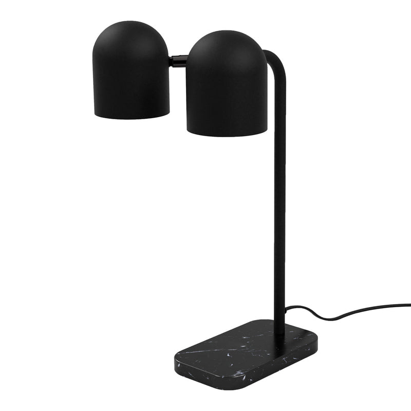 Black double dome table lamp with a sleek black metal stand and a patterned black marble base. Modern design accents.