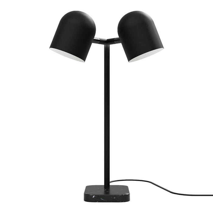 Black double-head desk lamp with a sleek base, featuring modern minimalist design and smooth matte finish.