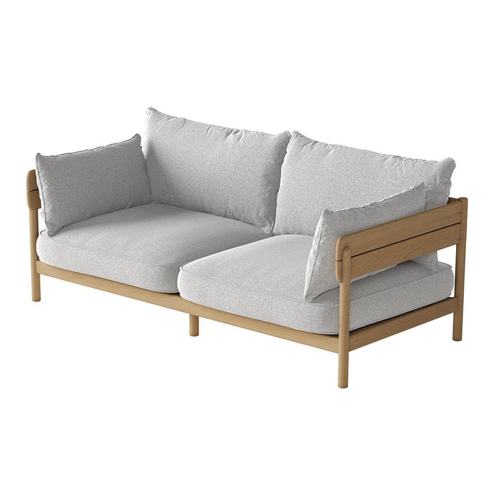 Light gray fabric sofa with plush cushions and a natural wood frame, featuring a simple and modern design.