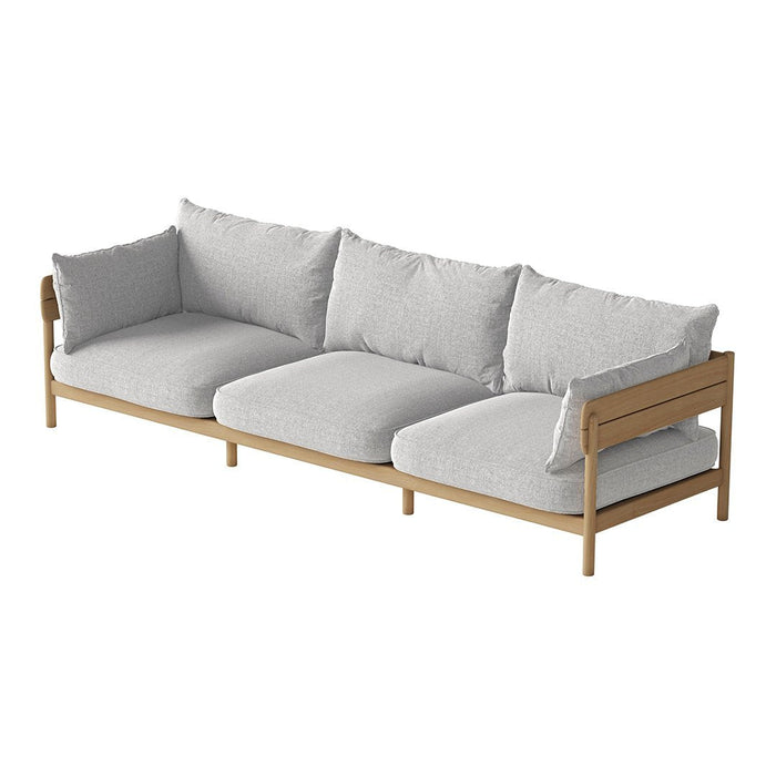 Light gray cushions with a textured pattern on a natural wood frame, offering a modern and minimalist aesthetic.