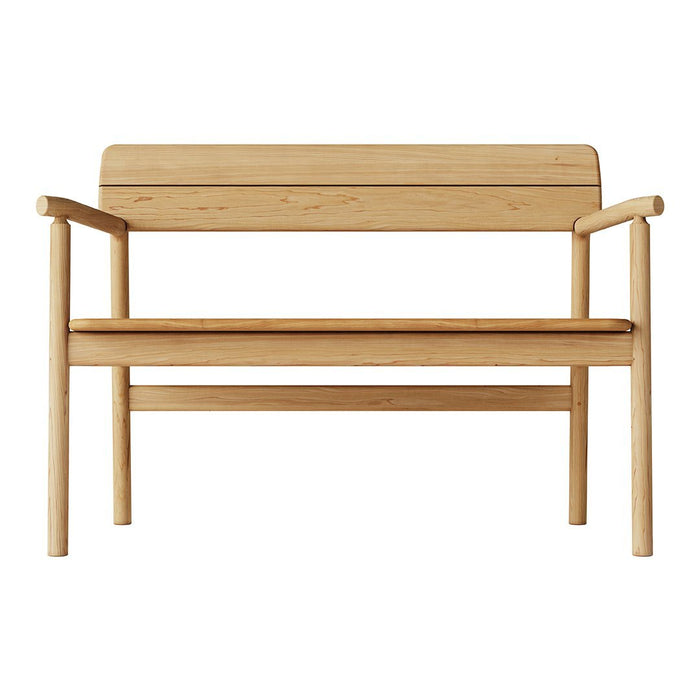 Light natural wood bench with a smooth finish and minimalist design, featuring a simple, straight grain pattern.