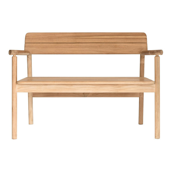 Light wooden bench with a natural finish and horizontal slats in a simple, modern design. Ideal for outdoor decor.