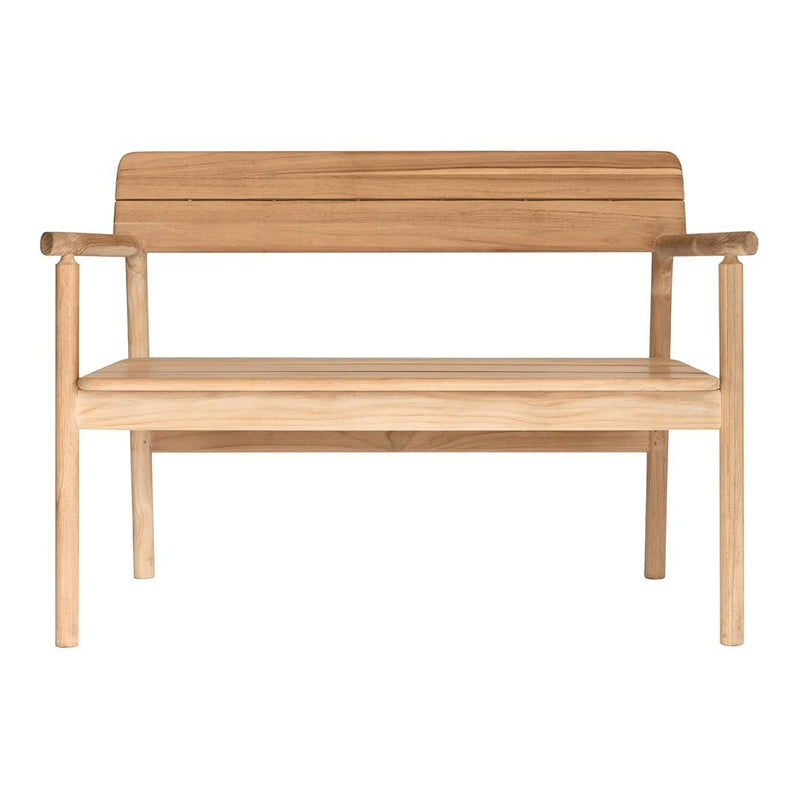 Light wooden bench with a natural finish and horizontal slats in a simple, modern design. Ideal for outdoor decor.