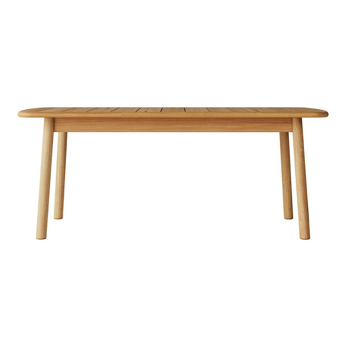 Light natural wood dining table with a smooth finish and subtle slatted design. Ideal for modern and rustic decor.