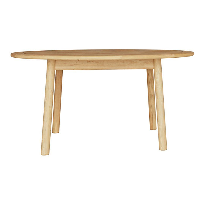 Round wooden table in natural light oak finish with smooth, sleek surface and minimalist design. Perfect for modern decor.