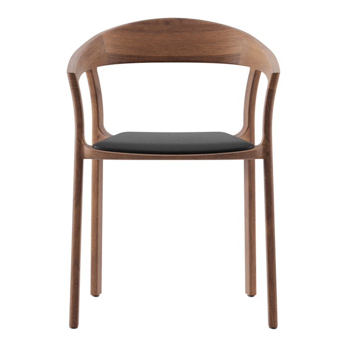 Modern wooden chair with a walnut finish and a sleek black seat, showcasing minimalist design lines.