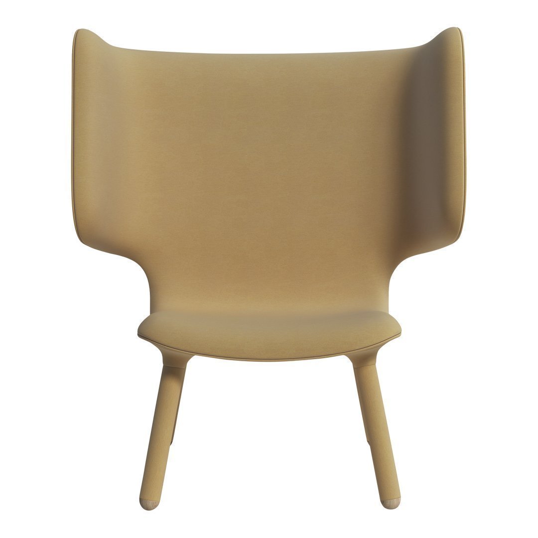 Beige high-back chair with a smooth, minimalist design and rounded legs. Ideal for modern interiors.