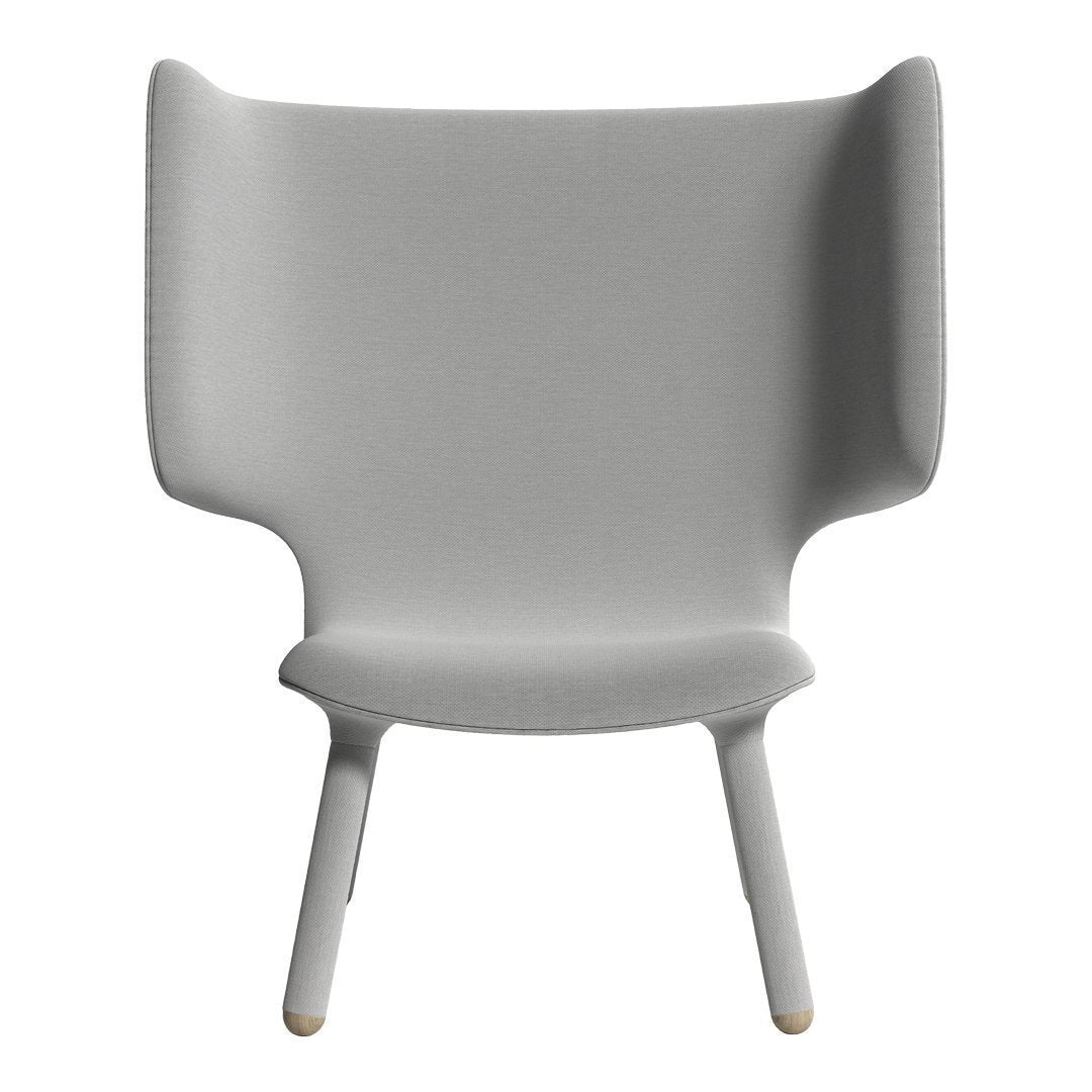Light gray armchair with minimalist design and soft upholstery, featuring a smooth, seamless silhouette.