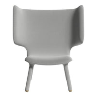 Light gray armchair with minimalist design and soft upholstery, featuring a smooth, seamless silhouette.