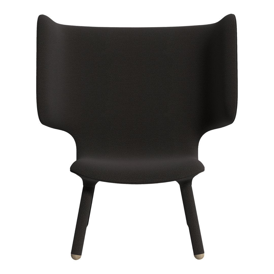 Modern black chair with sleek, curved lines and a matte finish, featuring minimalist design and subtle gold accents.