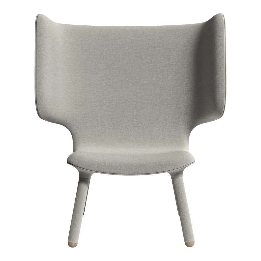 Light gray upholstered chair with minimalist design and subtle texture on a natural wood base.