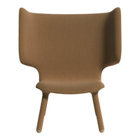 Tan upholstered chair with a minimalist design and clean lines, featuring a textured fabric for added depth.