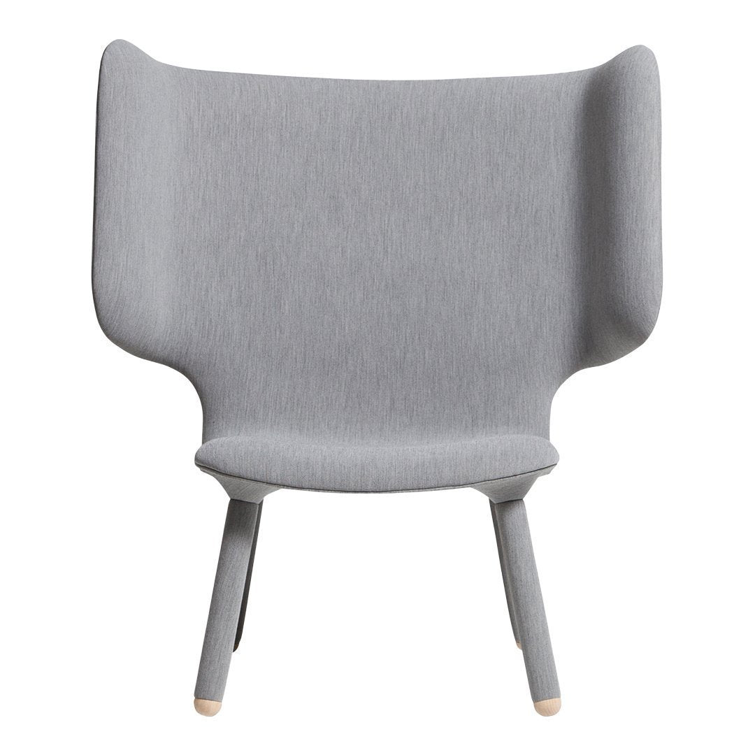 Light gray fabric armchair with a smooth texture and minimalist design.