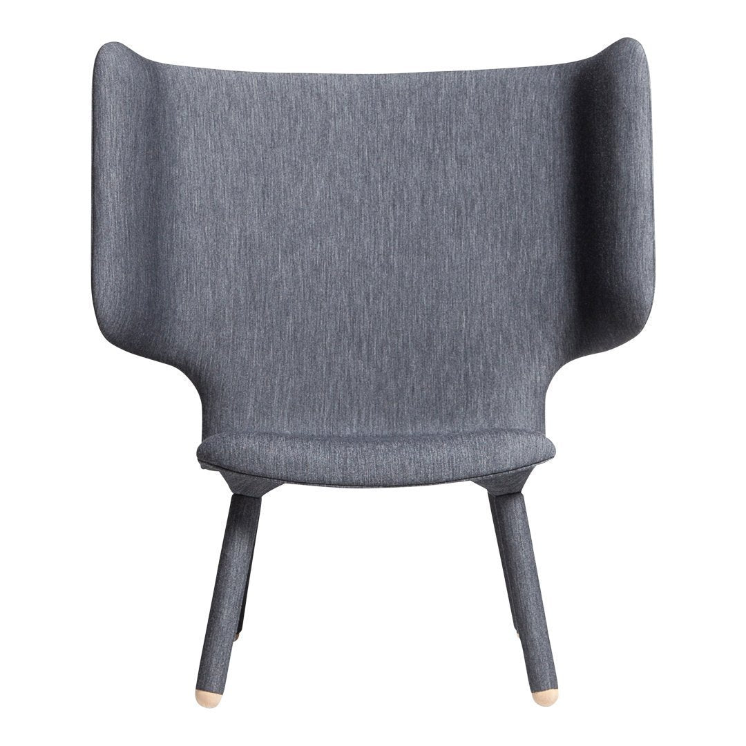 Gray upholstered chair with a textured fabric pattern and wooden legs, offering a modern and cozy design.