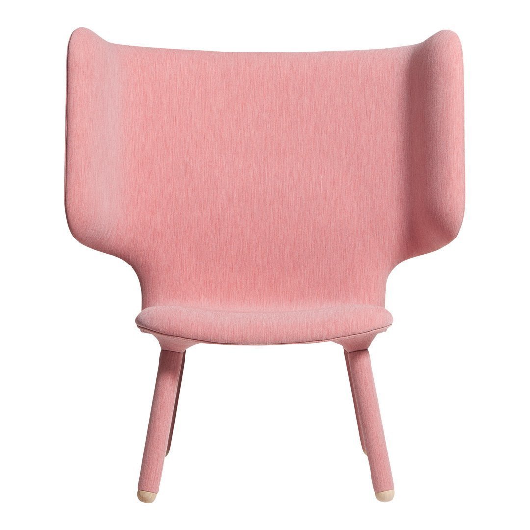 Pink upholstered chair with a smooth, soft texture and simple, modern design. Ideal for stylish home decor.