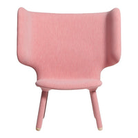 Pink upholstered chair with a smooth, soft texture and simple, modern design. Ideal for stylish home decor.